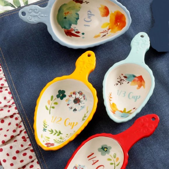NEW Pioneer Woman 4PC Nesting Measuring Cup Scoop Set Scalloped Stonewear Floral - Picture 2 of 8